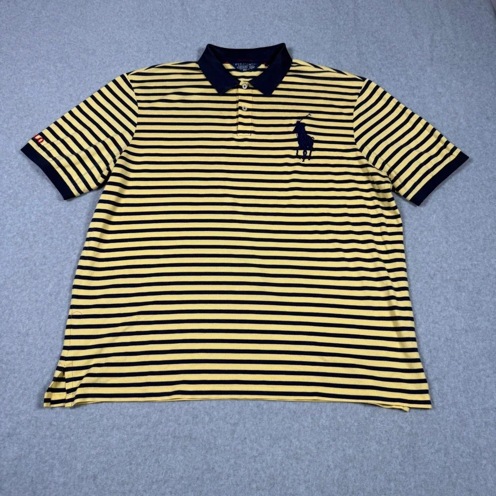 Polo Golf Ralph Lauren Performance Big Pony Striped Polo Shirt Yellow Navy XXL